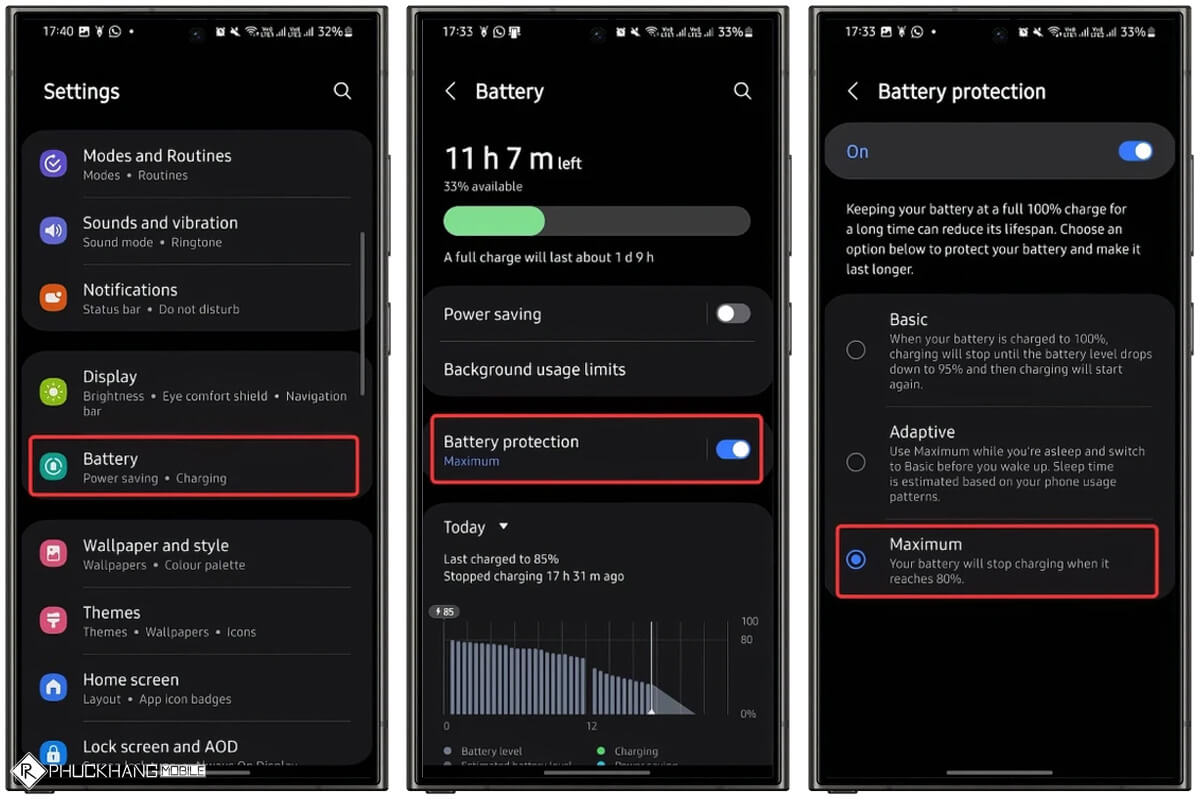 Bật tính năng Bảo vệ pin Samsung