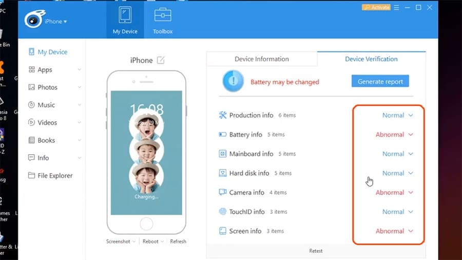 Mục nào hiển thị "Abnormal" thì khả năng cao linh kiện này đã bị sửa chữa hoặc thay thế. Mục nào hiển thị "Abnormal" thì khả năng cao linh kiện này đã bị sửa chữa hoặc thay thế.