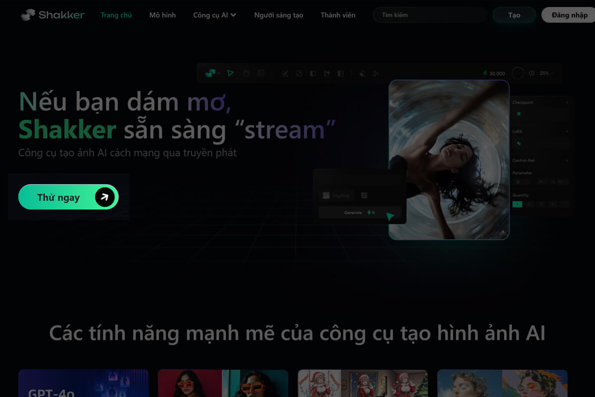 Giao diện chính của Shakker AI trên máy tính Shakker AI