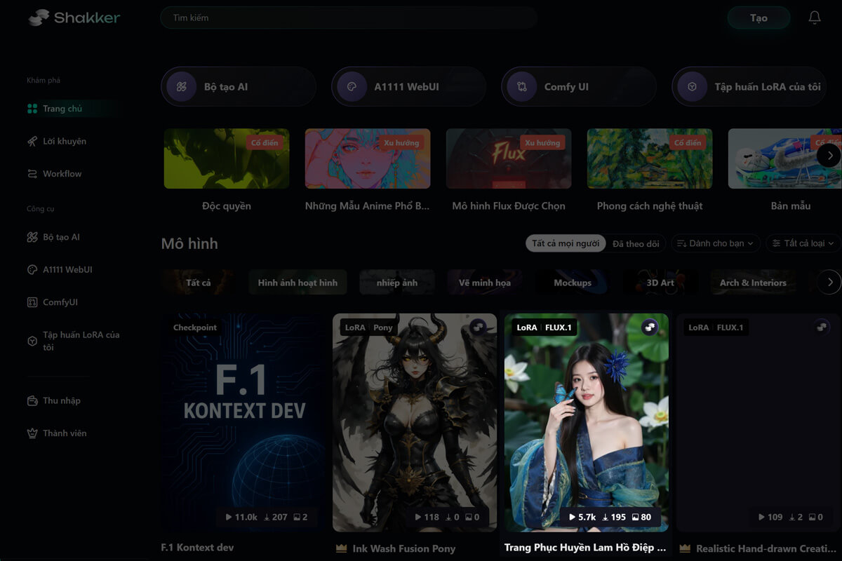 Giao diện nền tảng Shakker AI hỗ trợ tạo ảnh AI Công cụ tạo ảnh AI trực tuyến Shakker AI