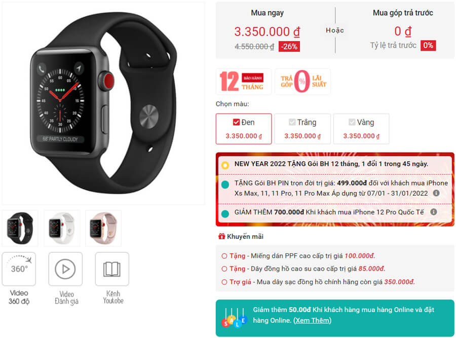 Apple Watch S3 LTE 38mm viền nhôm dây cao su: Giảm đến 1.2 triệu, giá còn 3.35 triệu đồng