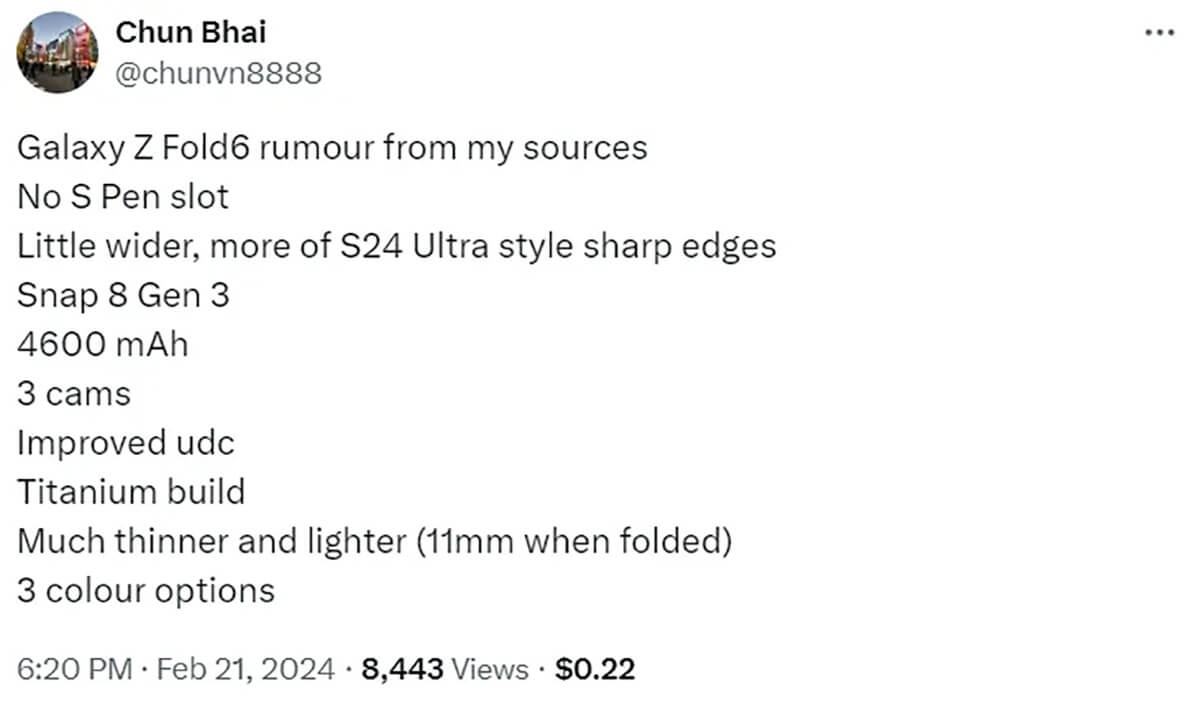Rò rỉ mới nhất về Galaxy Z Fold6: Khung titanium, pin và màn hình phụ cải tiến - Hình 1