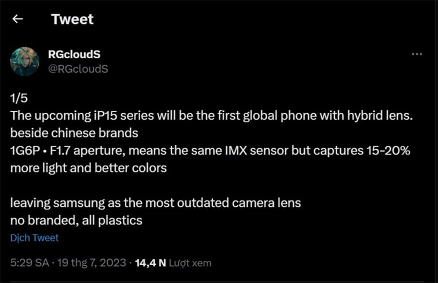 Dòng iPhone 15 được cho là sẽ có ống kính lai thuỷ tinh và nhựa với khẩu độ lớn - Hình 1 Dòng iPhone 15 được cho là sẽ có ống kính lai thuỷ tinh và nhựa với khẩu độ lớn - Hình 1