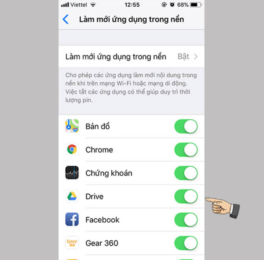 Tắt các ứng dụng làm mới trong nền