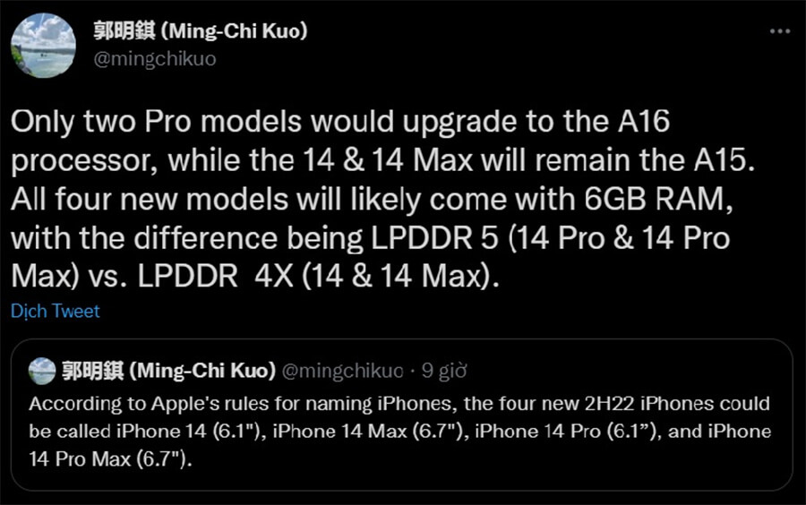 Rò rỉ tin đồn cho rằng chỉ có dòng iPhone 14 Pro và 14 Pro Max mới chạy chip Apple A16