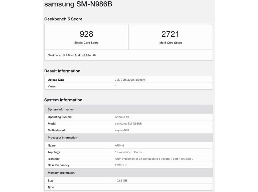 Samsung Galaxy Note 20 Ultra với chip Exynos 990 lộ điểm sức mạnh trên Geekbench Samsung Galaxy Note 20 Ultra với chip Exynos 990 lộ điểm sức mạnh trên Geekbench