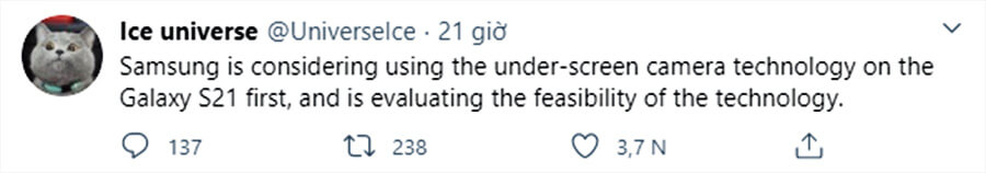Samsung Galaxy S21 có thể sẽ có camera selfie bên dưới màn hình